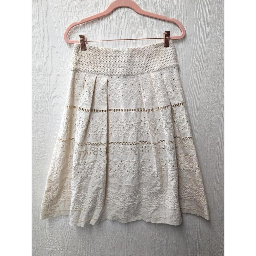 Pieces Uniques Cream Embroidered Skirt Boho Hippie Festival Cotton Linen Size 4